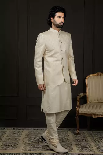 Gold And Cream Viscose Jodhpuri, Kurta And Pyjama Set