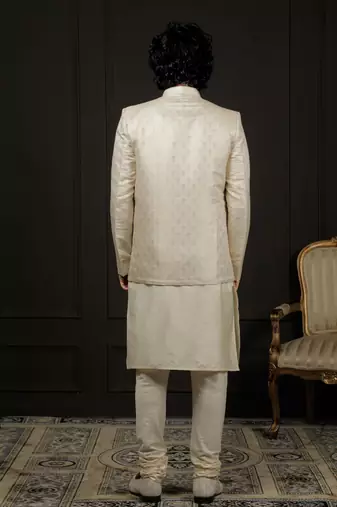 Gold And Cream Viscose Jodhpuri, Kurta And Pyjama Set