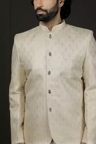 Gold And Cream Viscose Jodhpuri, Kurta And Pyjama Set