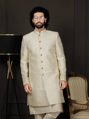 Men'S Cream Silk Blend Sherwani Only Top 1