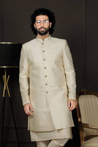 Men'S Cream Silk Blend Sherwani Only Top