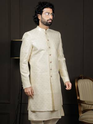 Men'S Cream Silk Blend Sherwani Only Top 2