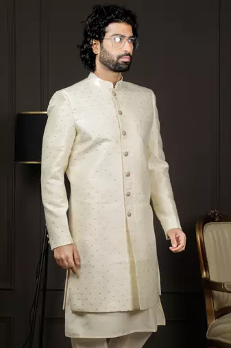 Men'S Cream Silk Blend Sherwani Only Top