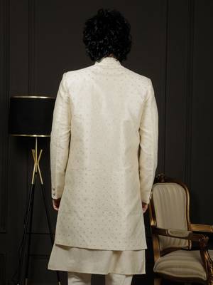 Men'S Cream Silk Blend Sherwani Only Top 3