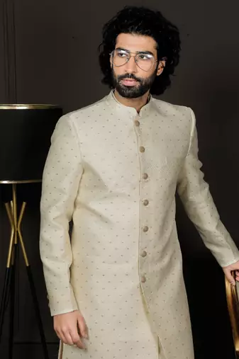 Men'S Cream Silk Blend Sherwani Only Top