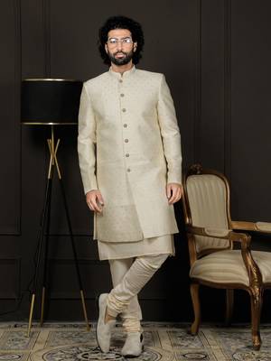 Beige Ind-Western Dress for Men in Viscose Fabrics 1