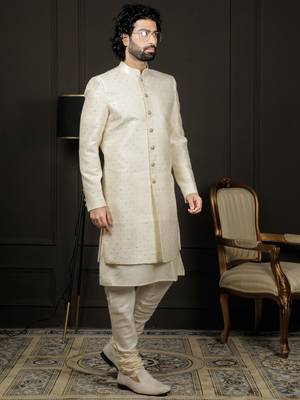 Beige Ind-Western Dress for Men in Viscose Fabrics 2