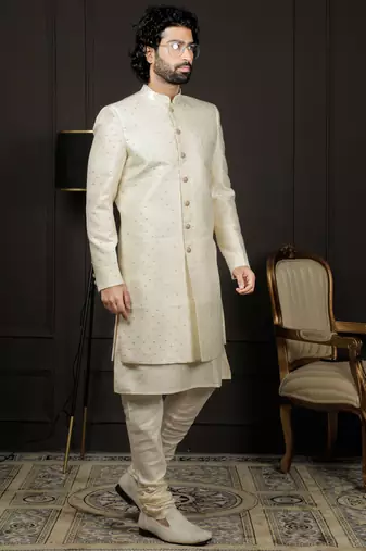 Beige Ind-Western Dress for Men in Viscose Fabrics
