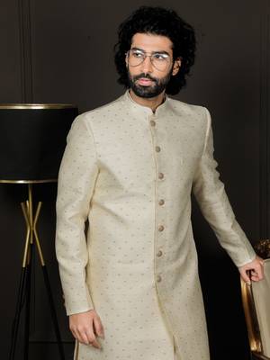Beige Ind-Western Dress for Men in Viscose Fabrics 4