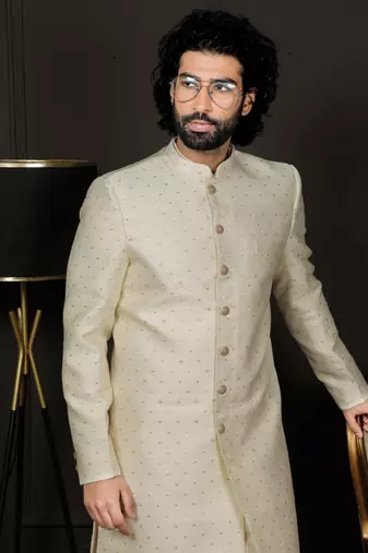 Beige Ind-Western Dress for Men in Viscose Fabrics