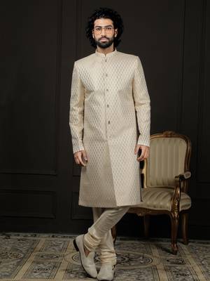 Cream And Gold Silk Blend Sherwani Set 1