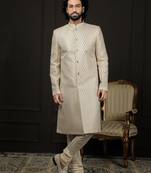 Cream And Gold Silk Blend Sherwani Set