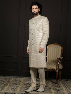 Cream And Gold Silk Blend Sherwani Set 2