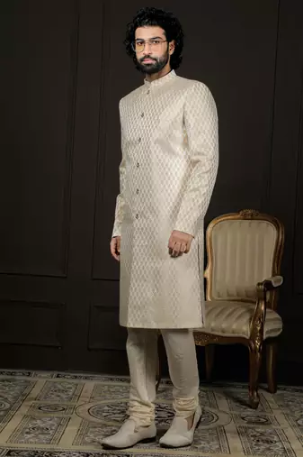 Cream And Gold Silk Blend Sherwani Set