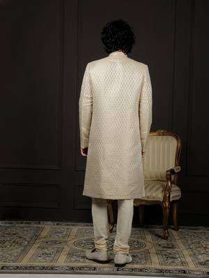 Cream And Gold Silk Blend Sherwani Set 3