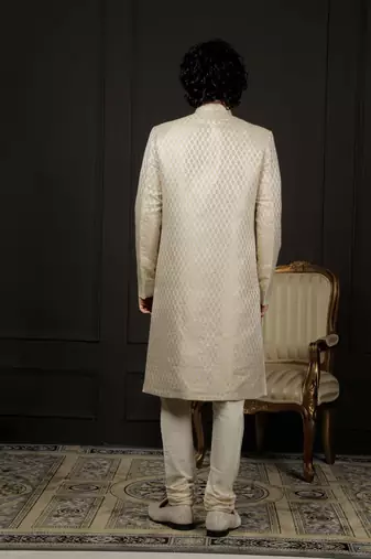 Cream And Gold Silk Blend Sherwani Set