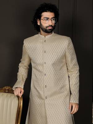 Cream And Gold Silk Blend Sherwani Set 4