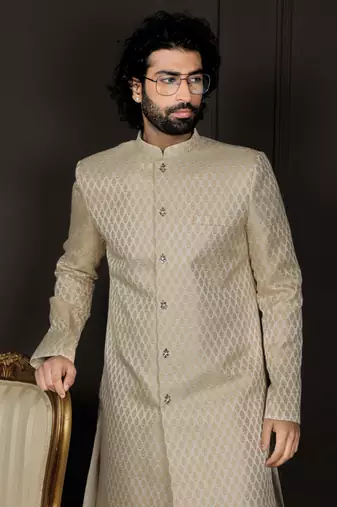 Cream And Gold Silk Blend Sherwani Set