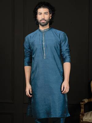 Turquoise Dupion Silk Kurta 1