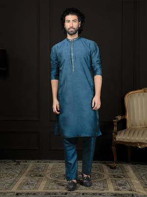 Turquoise Dupion Silk Kurta And Pyjama Set 1