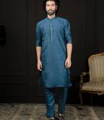 Turquoise Dupion Silk Kurta And Pyjama Set