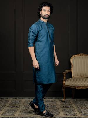 Turquoise Dupion Silk Kurta And Pyjama Set 2