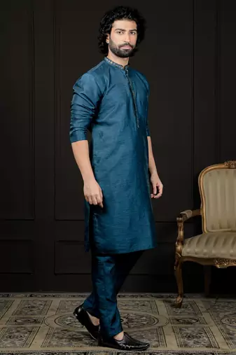 Turquoise Dupion Silk Kurta And Pyjama Set