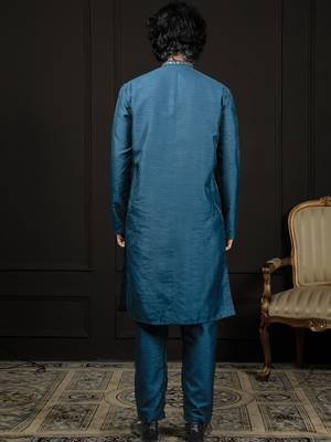 Turquoise Dupion Silk Kurta And Pyjama Set 3