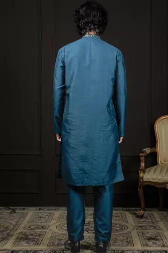 Turquoise Dupion Silk Kurta And Pyjama Set