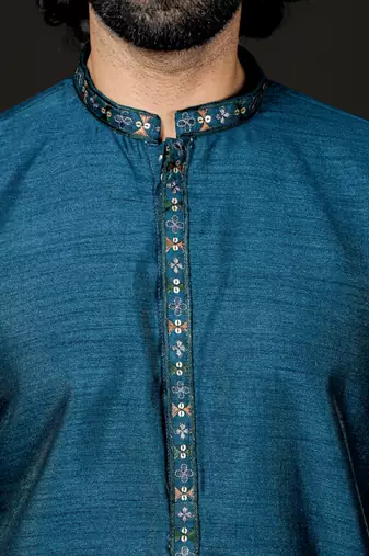 Turquoise Dupion Silk Kurta And Pyjama Set