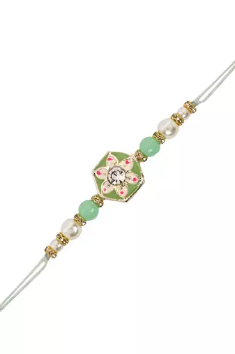 designer meenakari kundan pearl bhaiya rakhi with roli chawal & rakshabandhan card