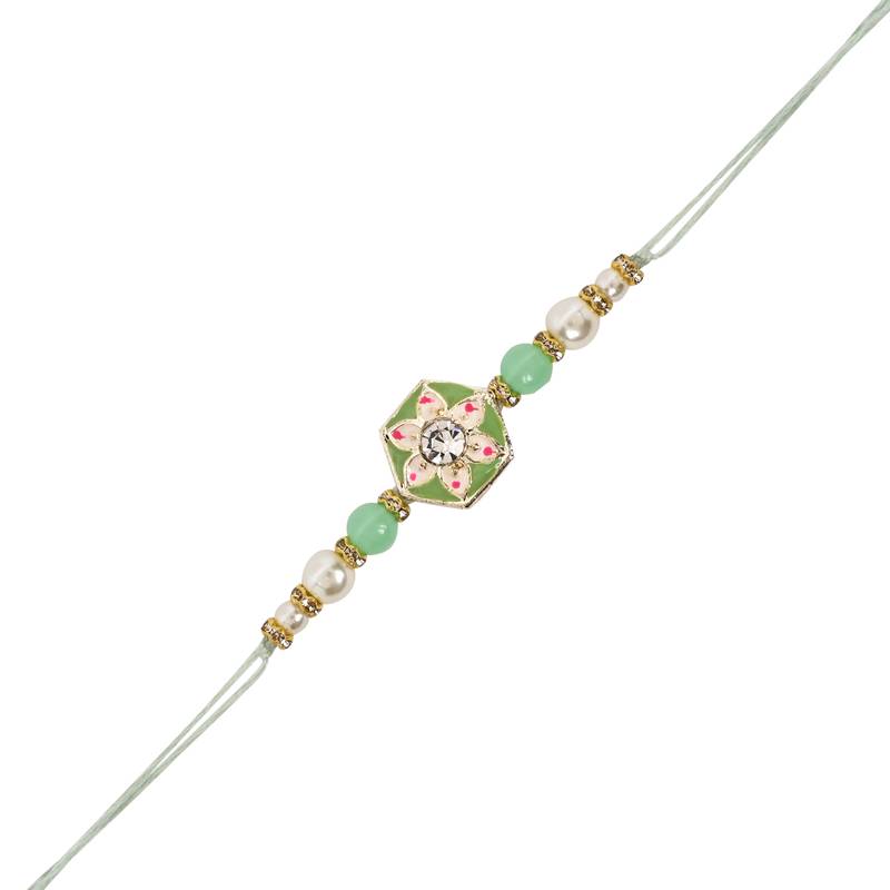 designer meenakari kundan pearl bhaiya rakhi with roli chawal & rakshabandhan card