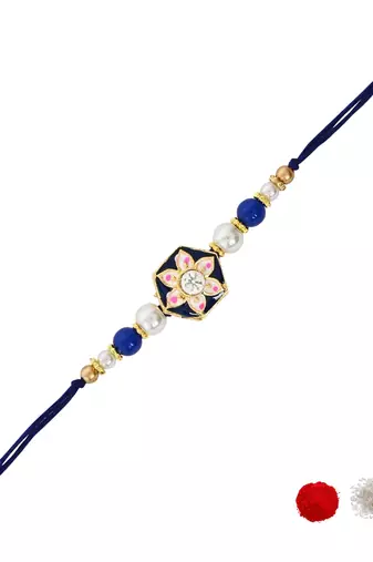 designer meenakari kundan pearl bhaiya rakhi with roli chawal & rakshabandhan