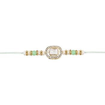 designer kundan pearl bhaiya rakhi with roli chawal & rakshabandhan card for brother/bro/bhai/men  3