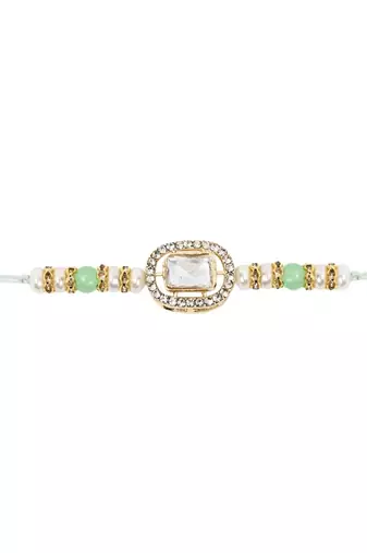designer kundan pearl bhaiya rakhi with roli chawal & rakshabandhan card for brother/bro/bhai/men 