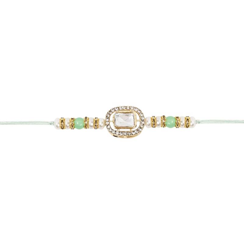 designer kundan pearl bhaiya rakhi with roli chawal & rakshabandhan card for brother/bro/bhai/men 