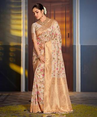 Cream banarasi art silk saree for women 1