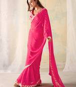 Women's latest design pink colour bright checks and georgette checks printed saree with blouse piece