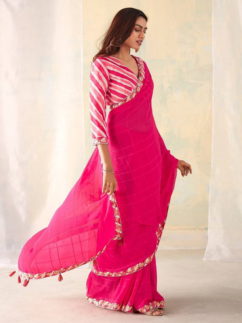 Women's latest design pink colour bright checks and georgette checks printed saree with blouse piece
