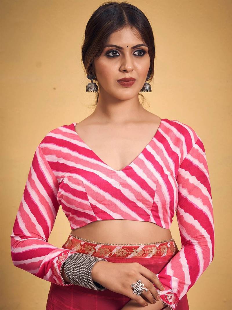 Women's latest design pink colour bright checks and georgette checks printed saree with blouse piece