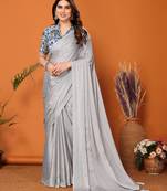 Women's latest design grey colour polyester saree with digital print blouse piece