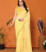 Women's latest design yellow colour georgette mirror work saree with blouse piece