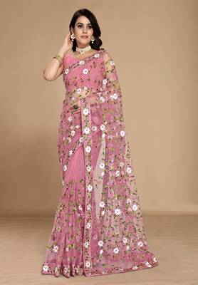 PINK SOFT NET FLORAL EMBROIDERED SAREE WITH BLOUSE 1