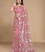 PINK SOFT NET FLORAL EMBROIDERED SAREE WITH BLOUSE