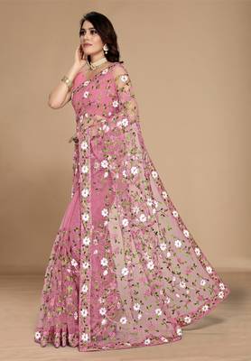 PINK SOFT NET FLORAL EMBROIDERED SAREE WITH BLOUSE 2