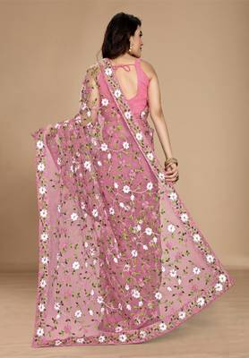PINK SOFT NET FLORAL EMBROIDERED SAREE WITH BLOUSE 3