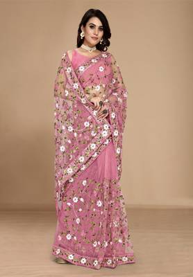 PINK SOFT NET FLORAL EMBROIDERED SAREE WITH BLOUSE 4