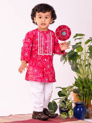 Infant Boys Pink And White Cotton Kurta Pyjama Set 1