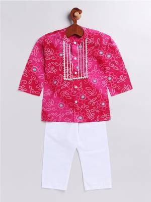 Infant Boys Pink And White Cotton Kurta Pyjama Set 3