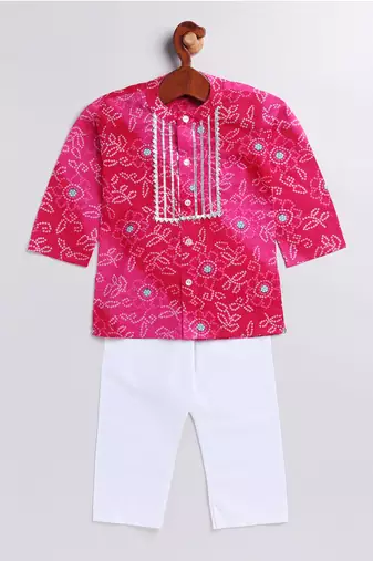 Infant Boys Pink And White Cotton Kurta Pyjama Set